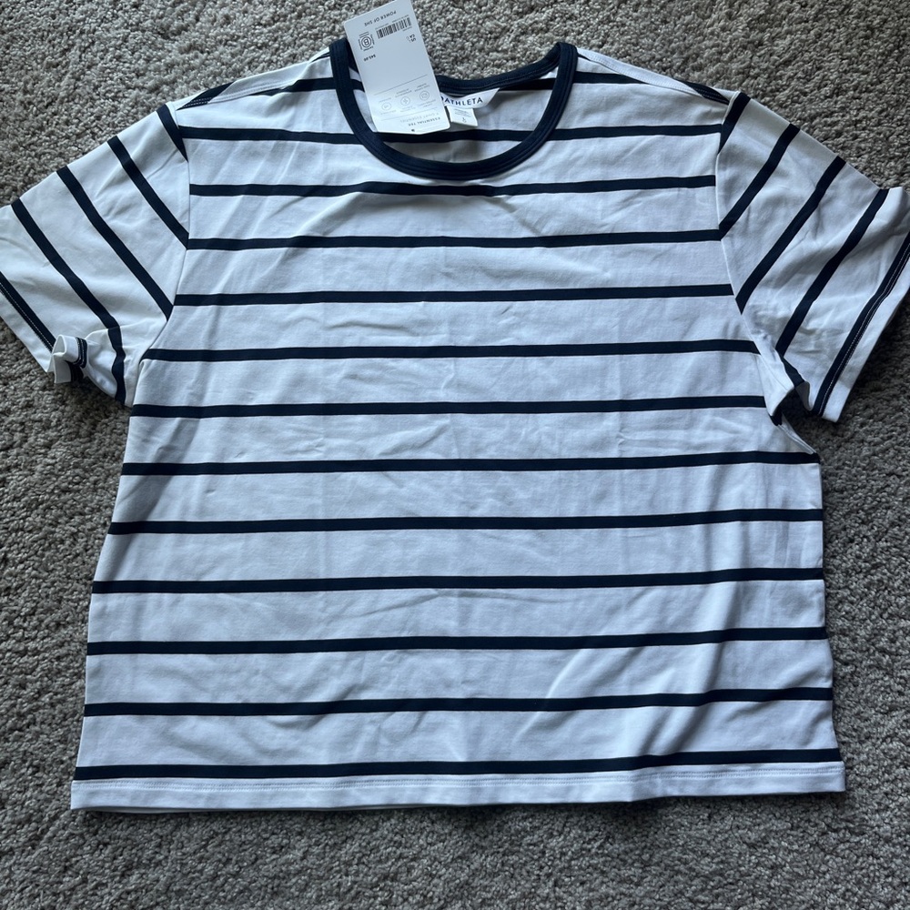 NWT Athleta LG Navy and White Striped cropped T-Shirt